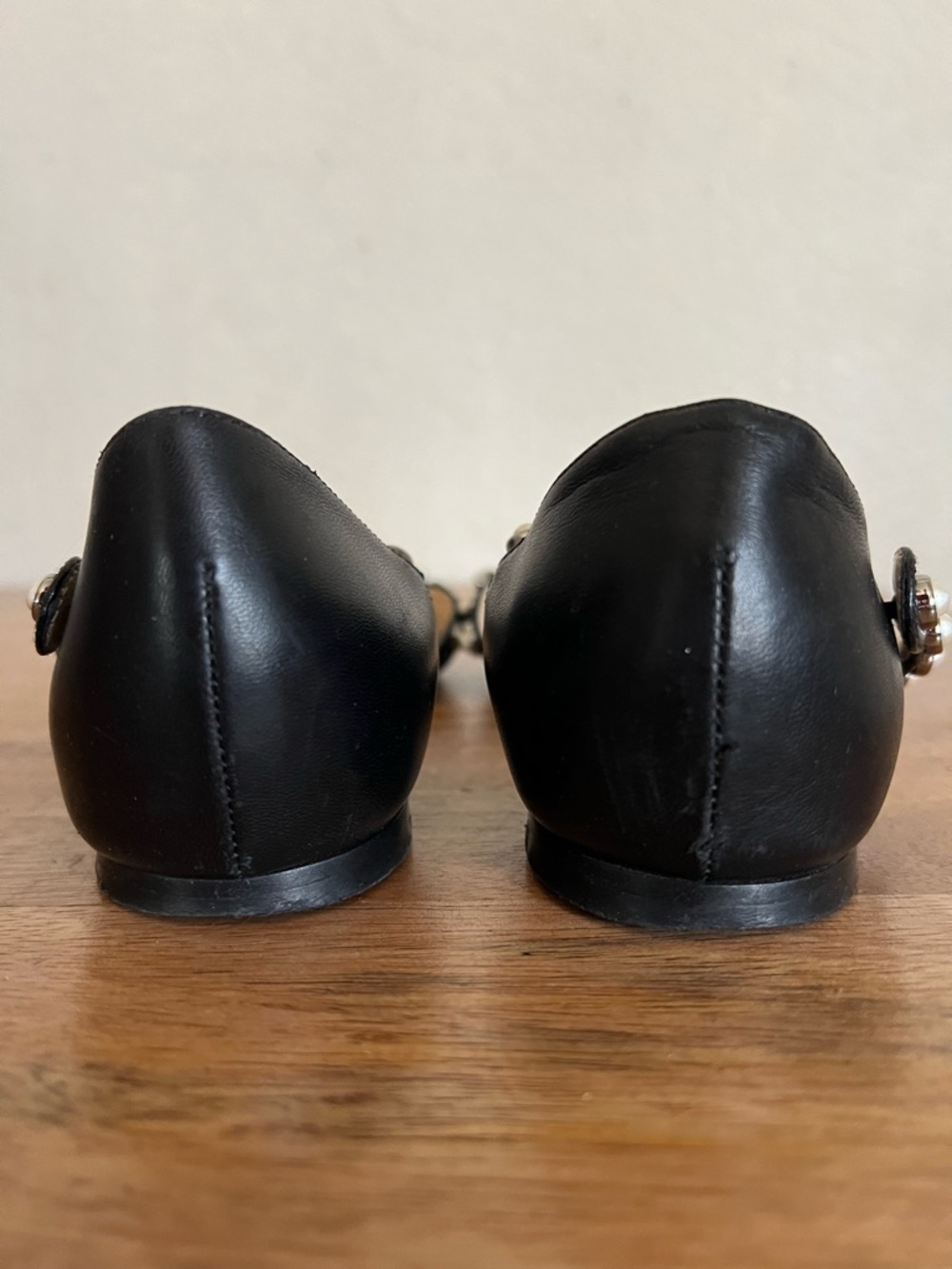 Jimmy Choo Leema Black Leather Pearl Embellished Ankle Strap Flats Size 37.5 - Picture 6 of 11